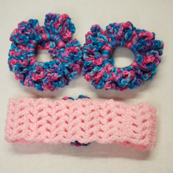 Woman's Handmade Crochet 2 Scrunchies and Flower Headband Bubblegum Multicolor - Picture 5 of 12